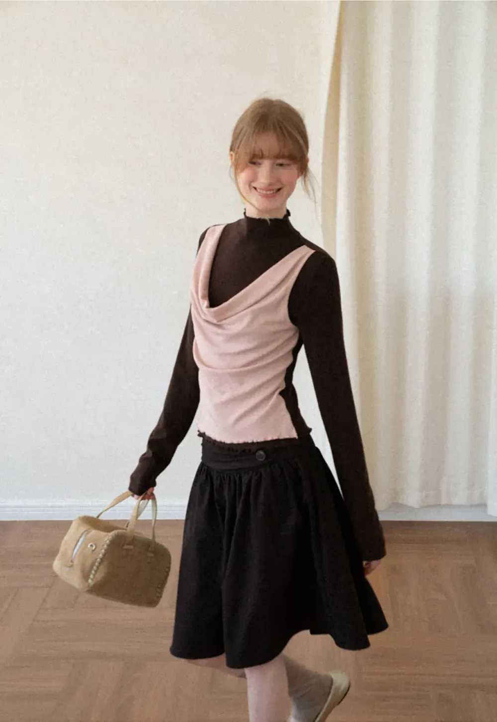 Cowl Neck Layered Top with Lace Hem Tshirt