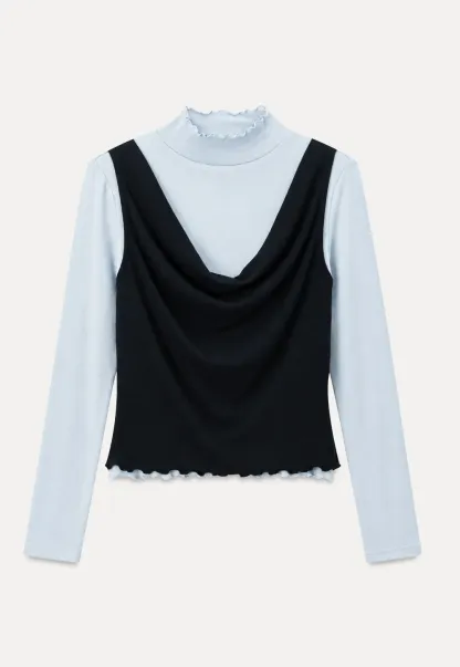 Cowl Neck Layered Top with Lace Hem Tshirt