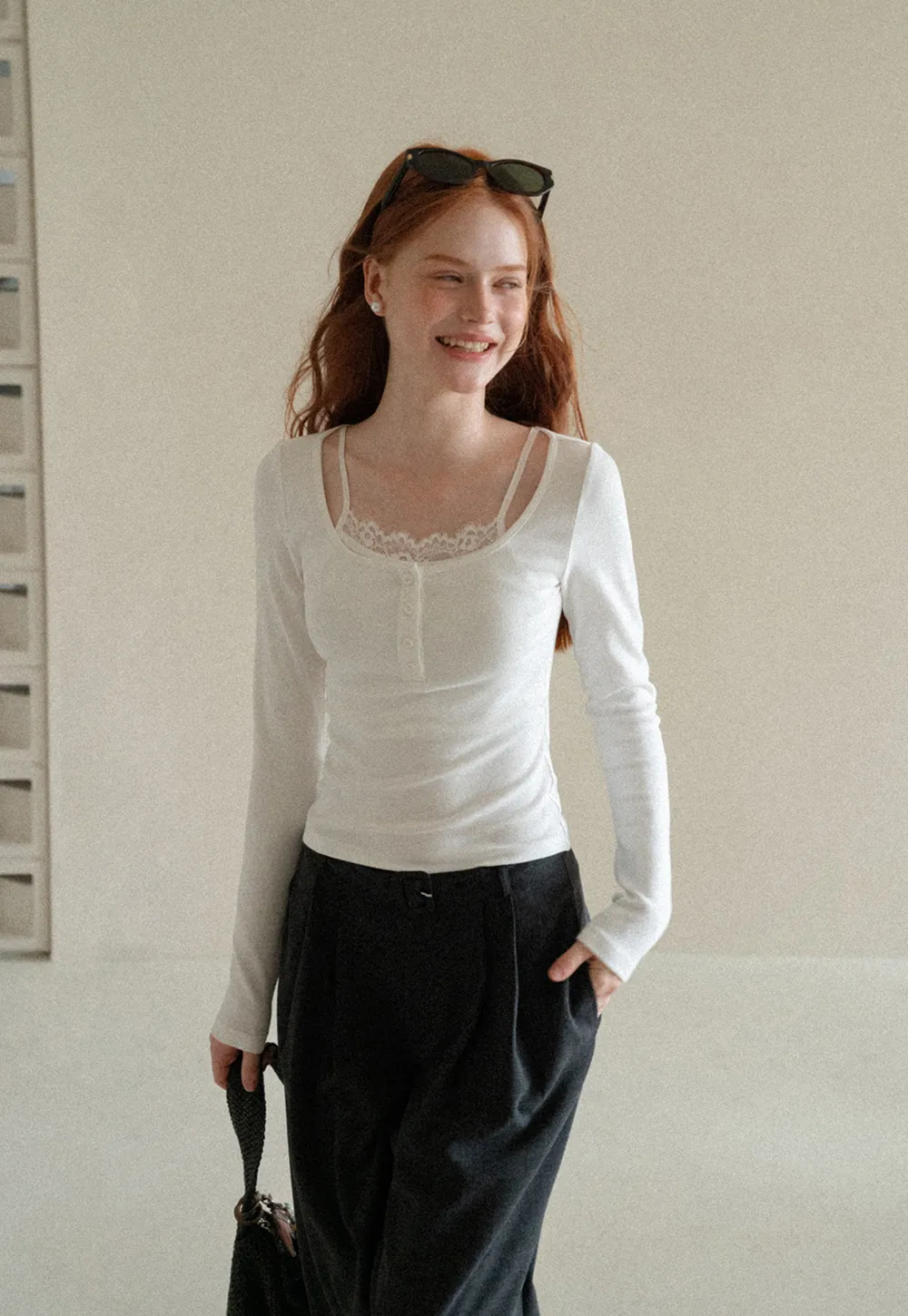 Lace Trim Square Neck Long Sleeve Knit Top