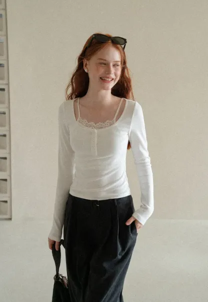 Lace Trim Square Neck Long Sleeve Knit Top