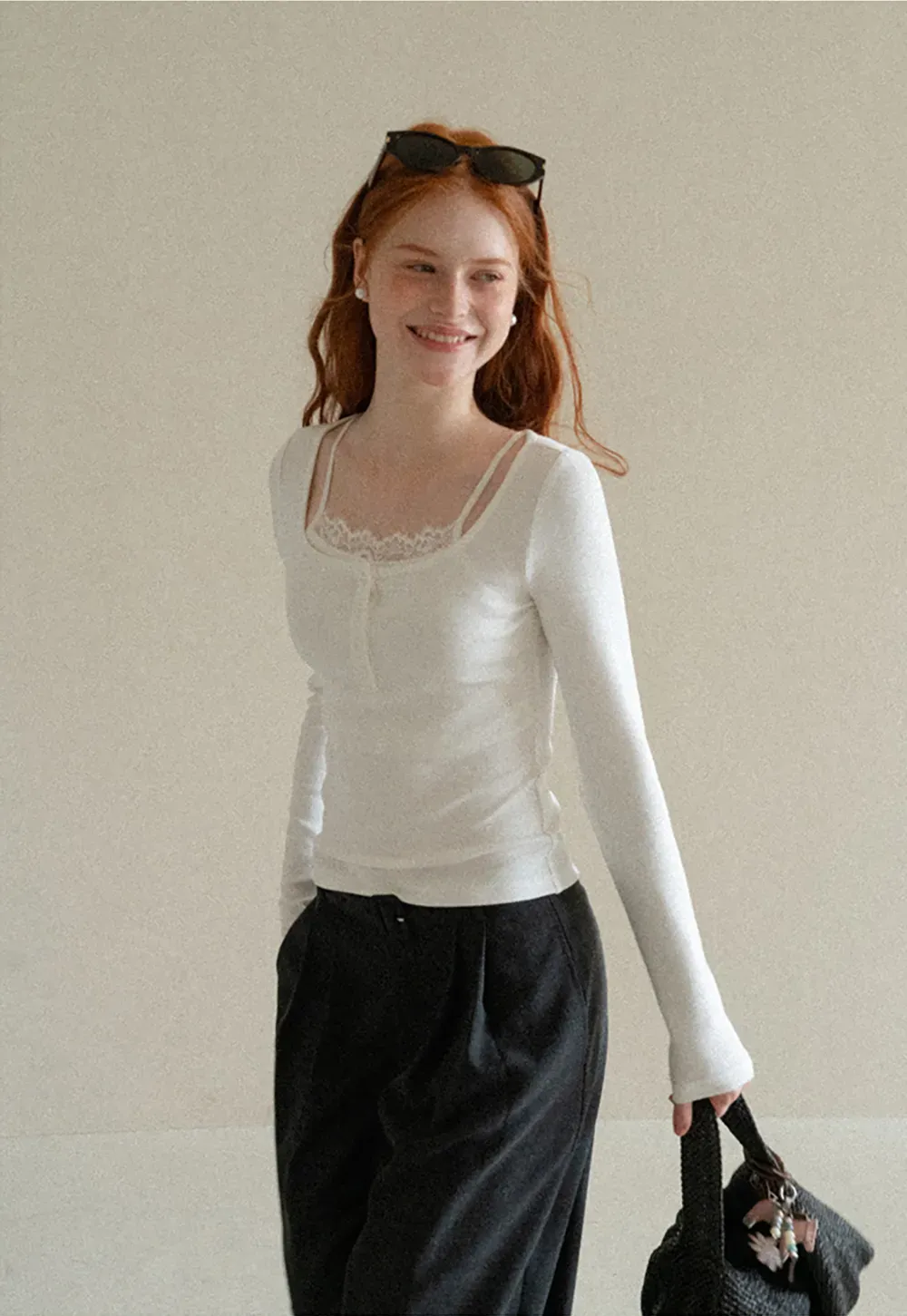 Lace Trim Square Neck Long Sleeve Knit Top