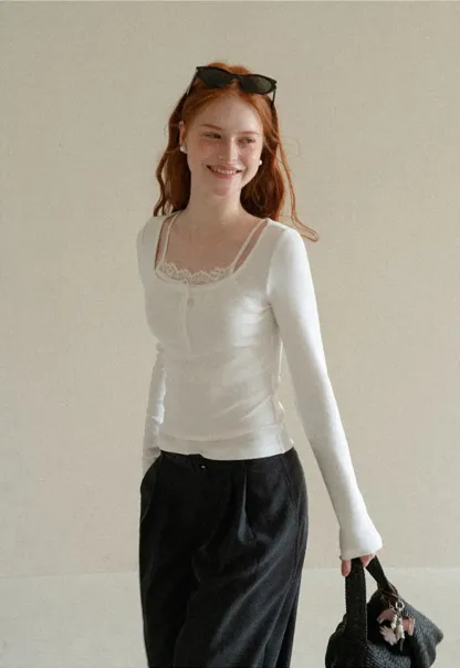 Lace Trim Square Neck Long Sleeve Knit Top