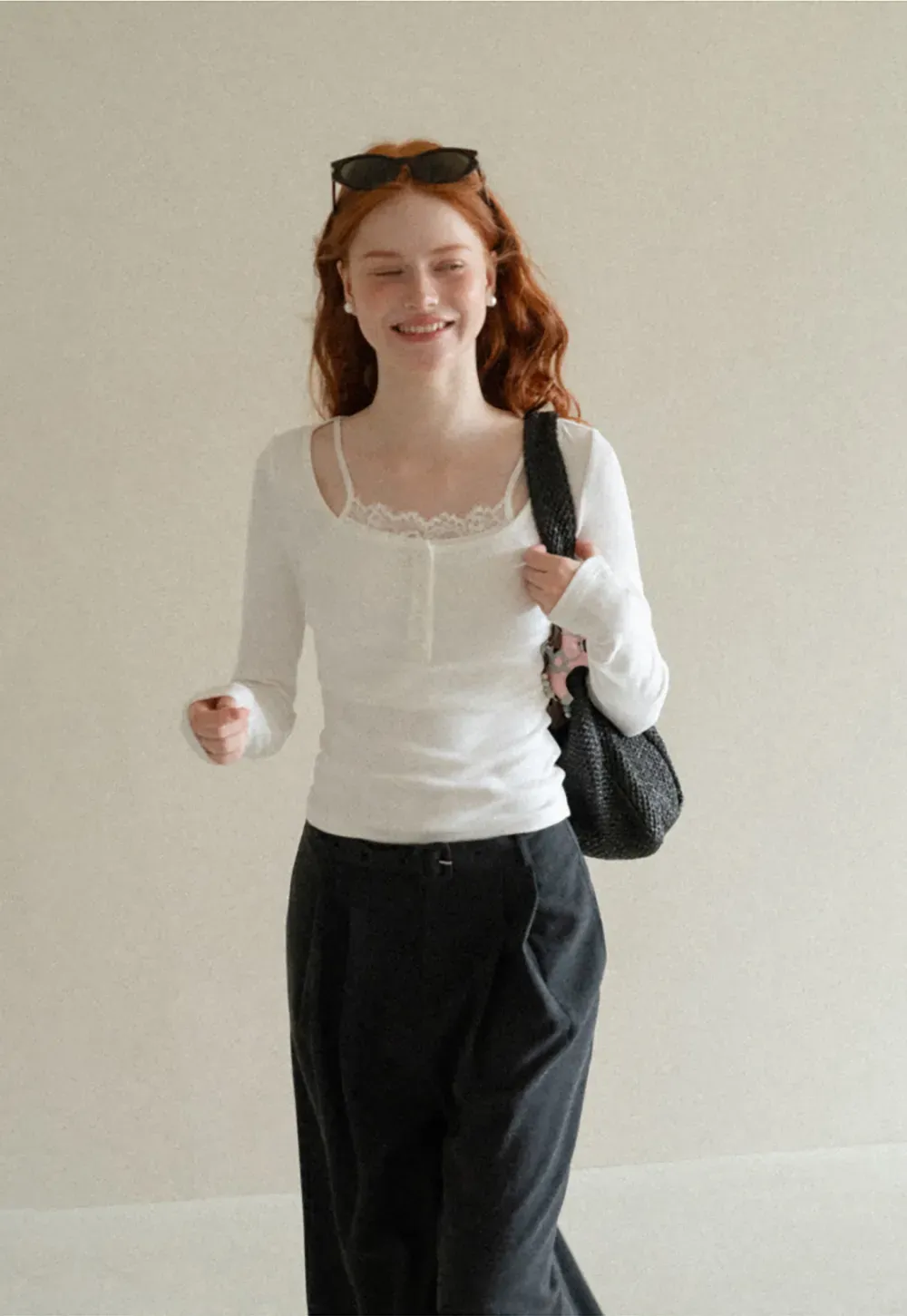 Lace Trim Square Neck Long Sleeve Knit Top