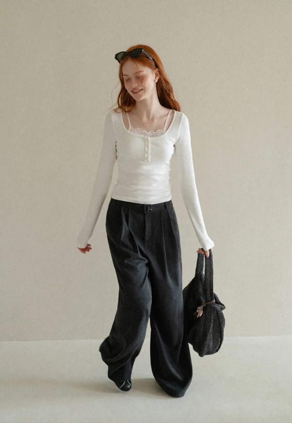 Lace Trim Square Neck Long Sleeve Knit Top
