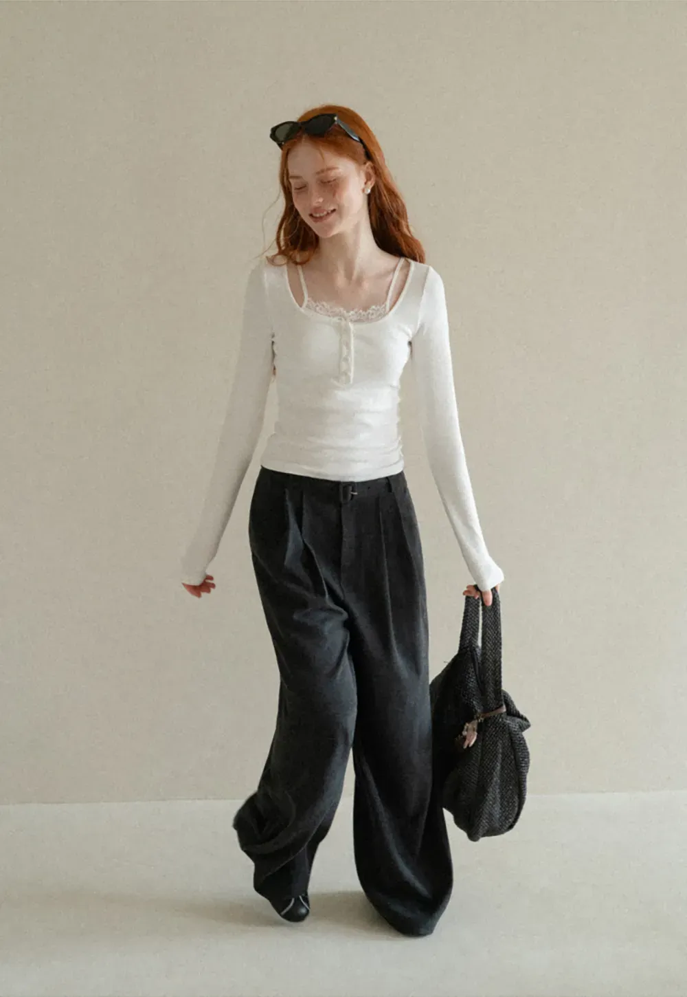 Lace Trim Square Neck Long Sleeve Knit Top