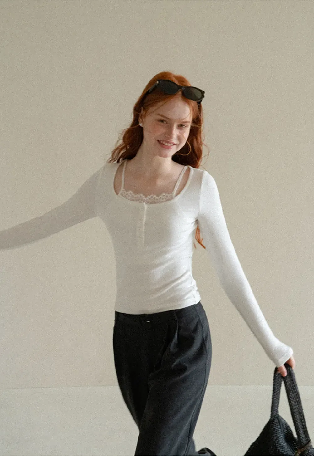 Lace Trim Square Neck Long Sleeve Knit Top
