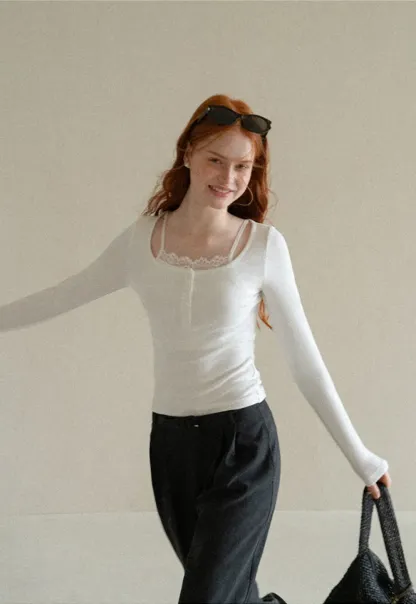 Lace Trim Square Neck Long Sleeve Knit Top