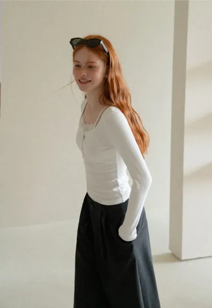 Lace Trim Square Neck Long Sleeve Knit Top