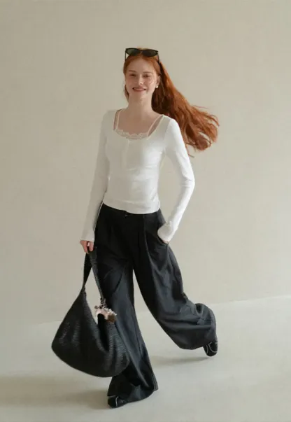 Lace Trim Square Neck Long Sleeve Knit Top