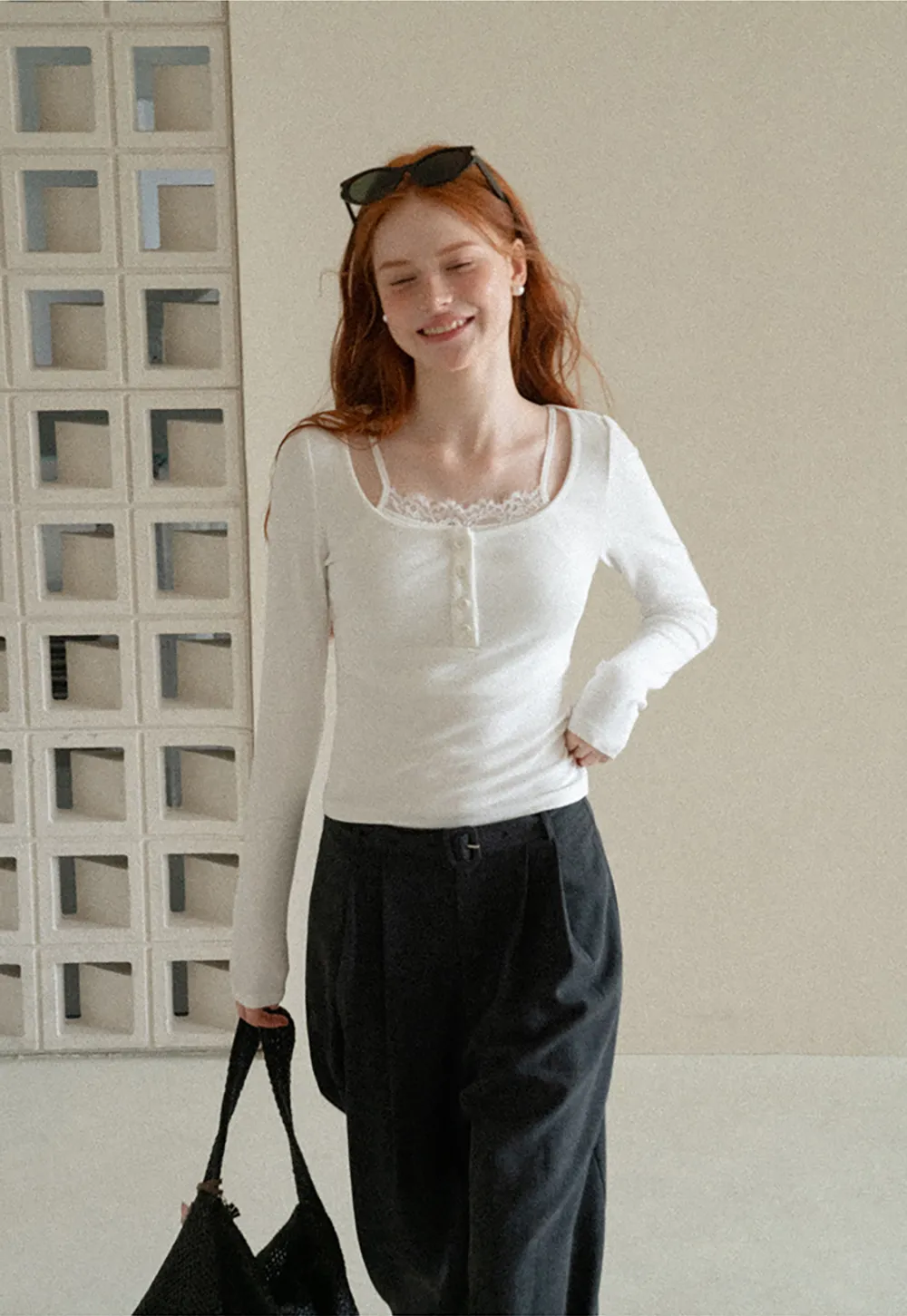 Lace Trim Square Neck Long Sleeve Knit Top