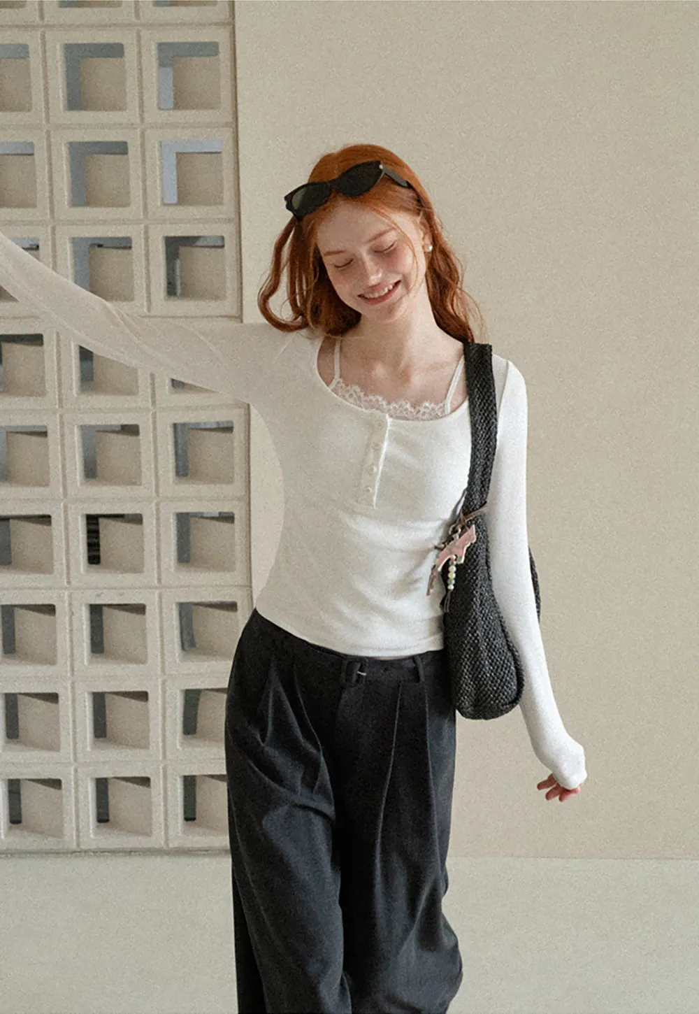 Lace Trim Square Neck Long Sleeve Knit Top