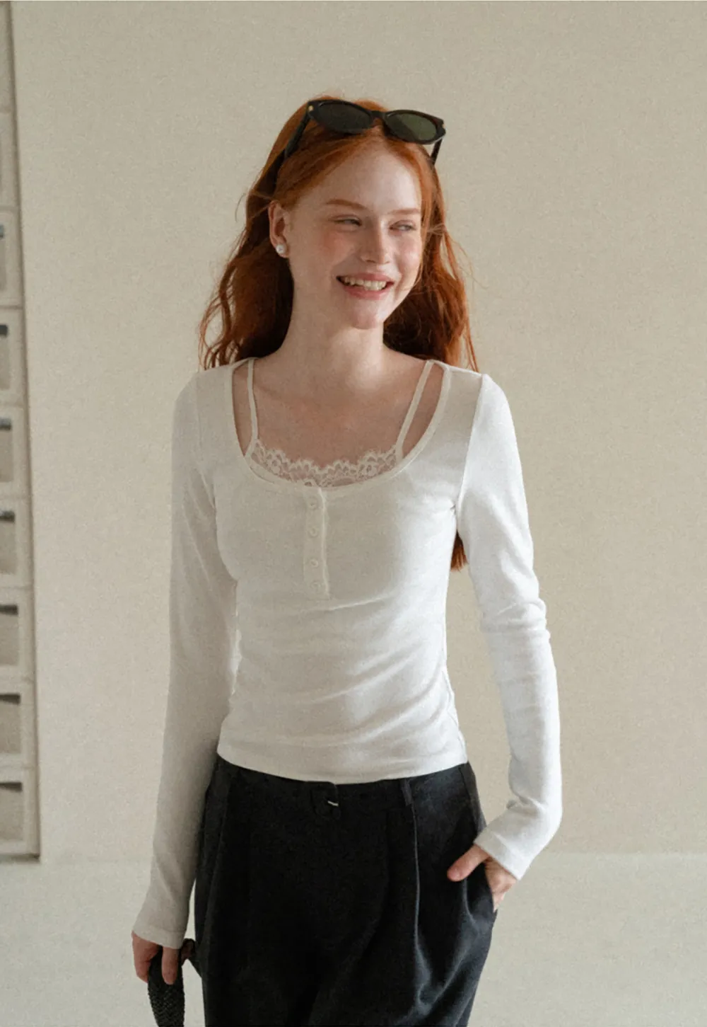 Lace Trim Square Neck Long Sleeve Knit Top