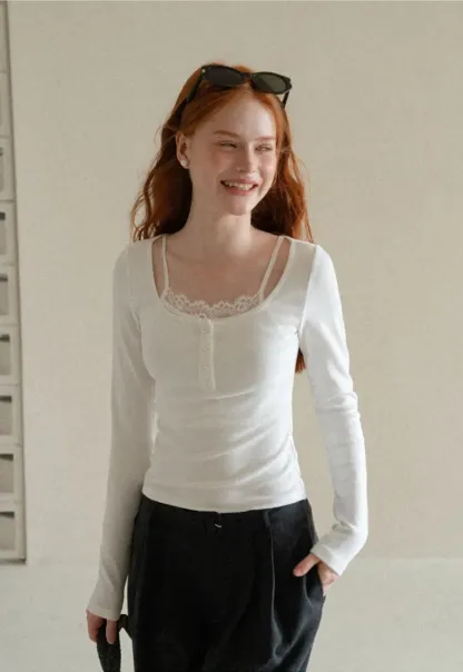 Lace Trim Square Neck Long Sleeve Knit Top