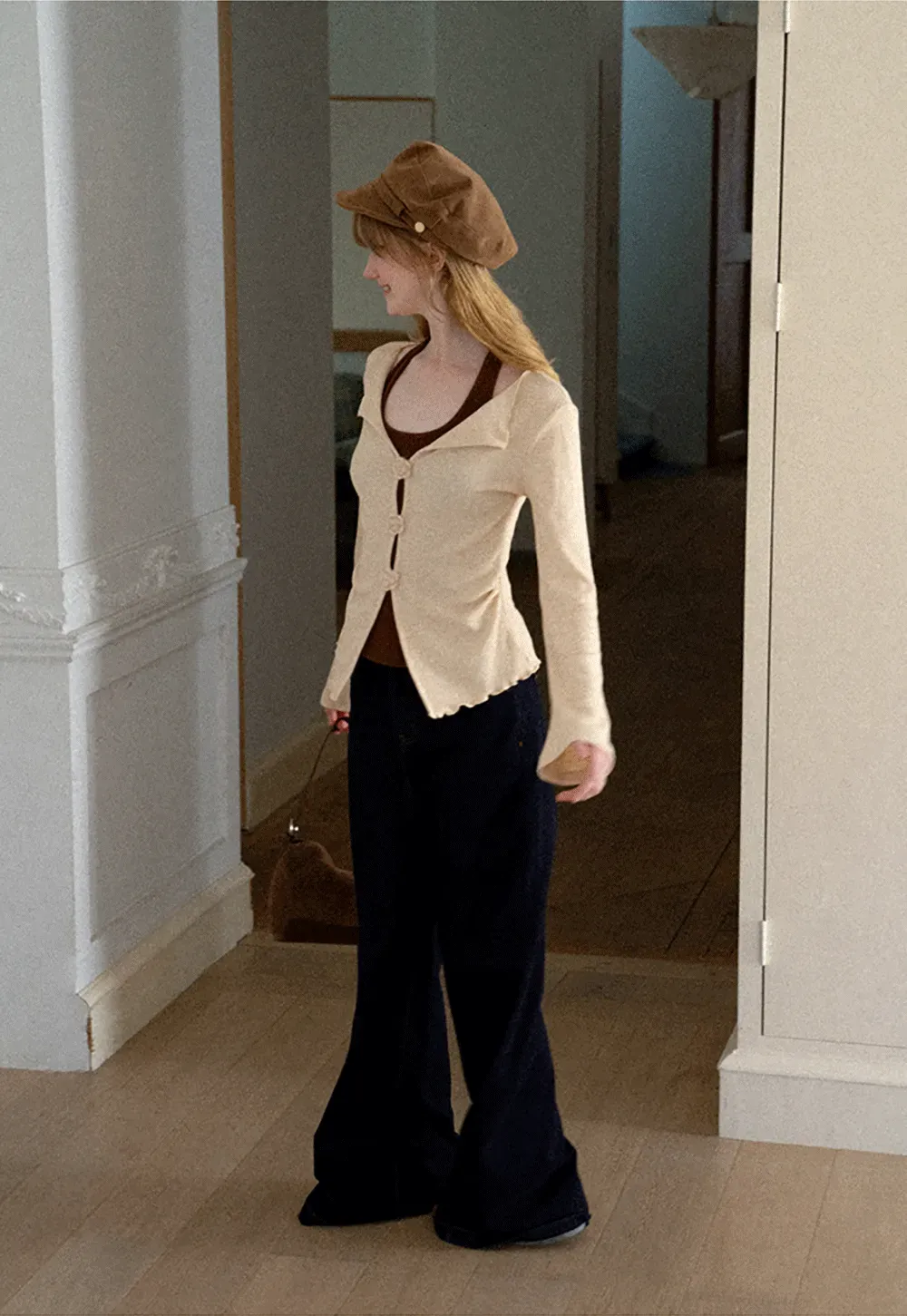 Asymmetrical Hem Knit Cardigan with Floral Buttons