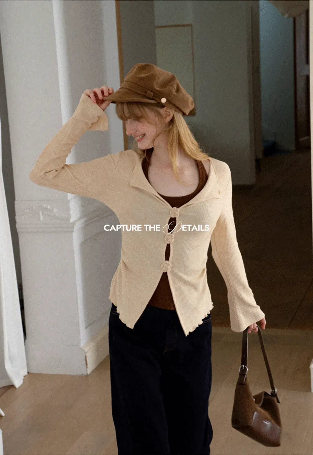 Asymmetrical Hem Knit Cardigan with Floral Buttons