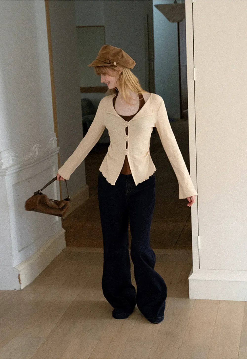 Asymmetrical Hem Knit Cardigan with Floral Buttons