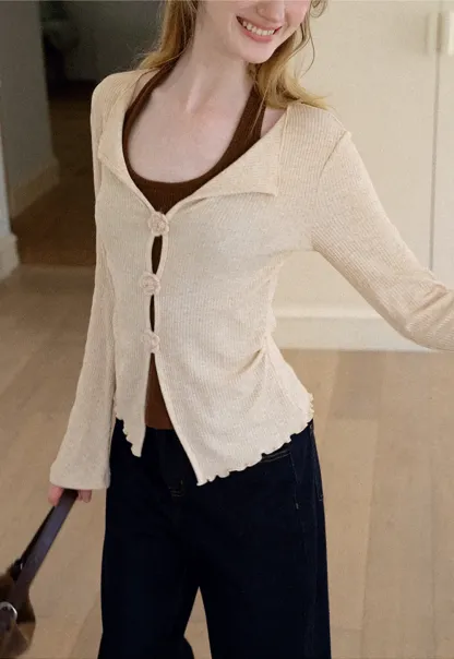 Asymmetrical Hem Knit Cardigan with Floral Buttons