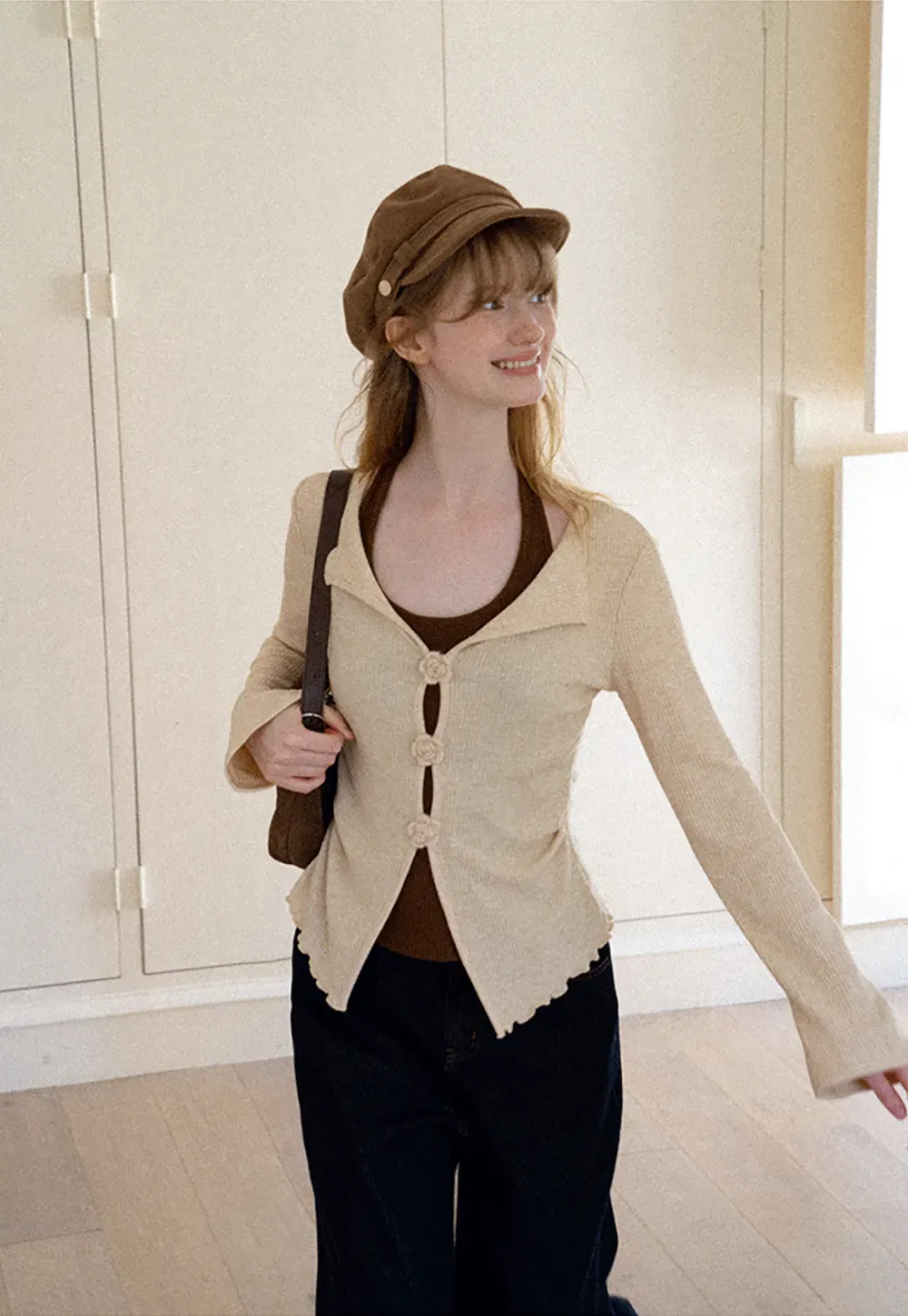 Asymmetrical Hem Knit Cardigan with Floral Buttons