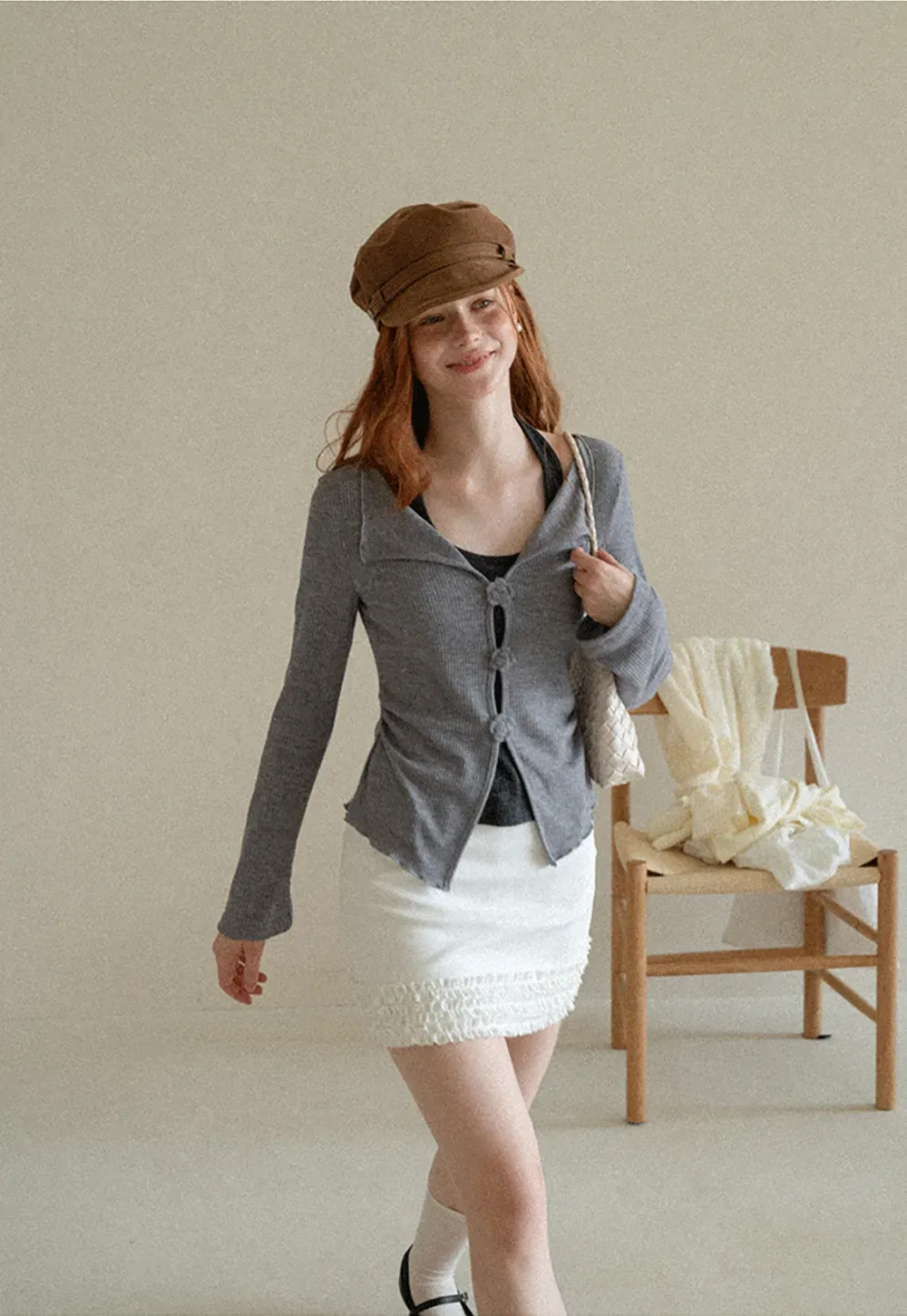 Asymmetrical Hem Knit Cardigan with Floral Buttons