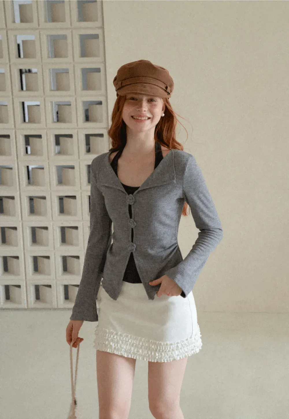 Asymmetrical Hem Knit Cardigan with Floral Buttons
