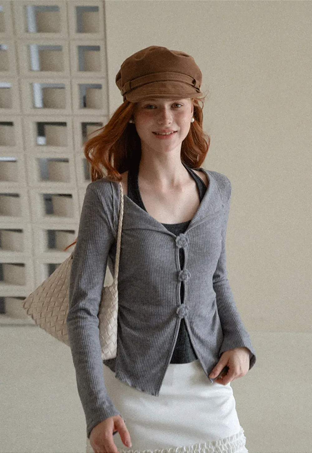 Asymmetrical Hem Knit Cardigan with Floral Buttons