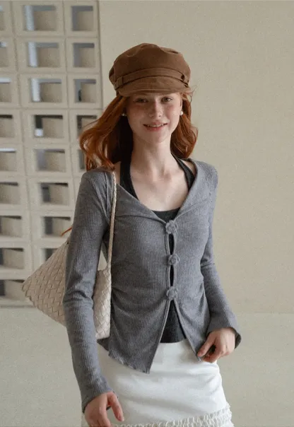 Asymmetrical Hem Knit Cardigan with Floral Buttons