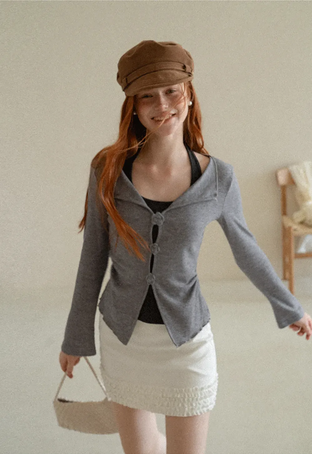 Asymmetrical Hem Knit Cardigan with Floral Buttons