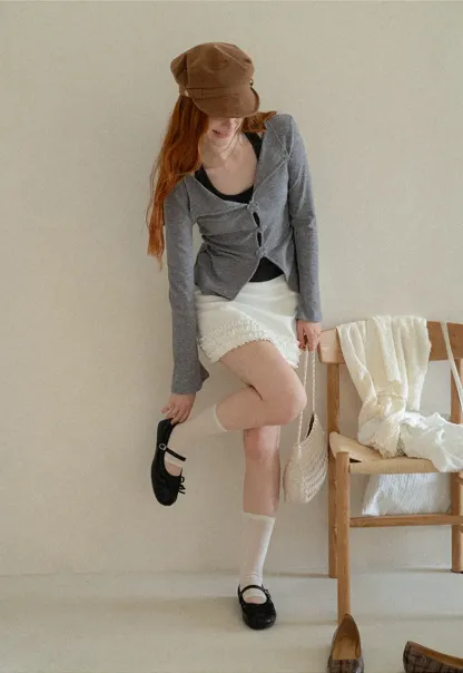 Asymmetrical Hem Knit Cardigan with Floral Buttons