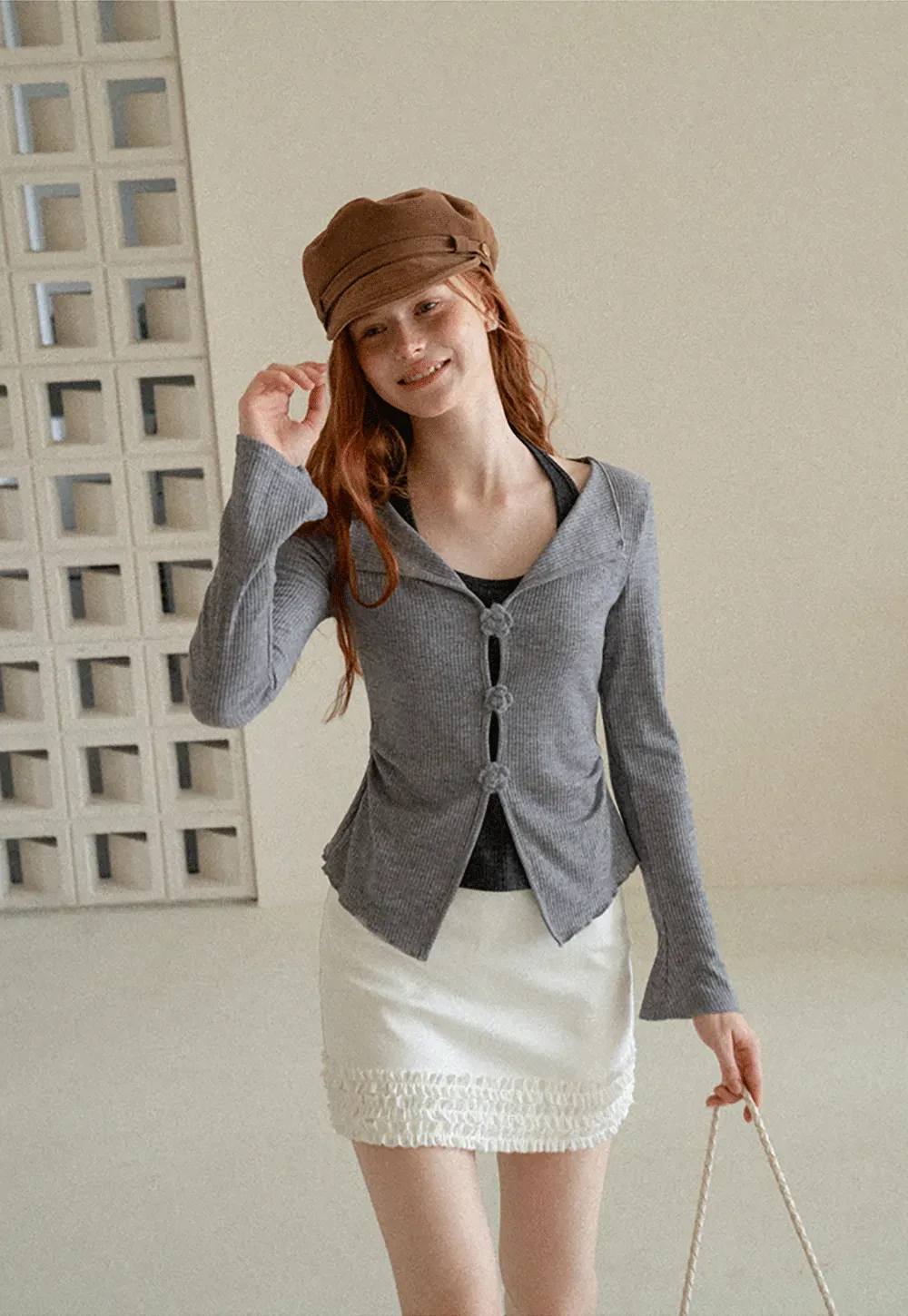 Asymmetrical Hem Knit Cardigan with Floral Buttons