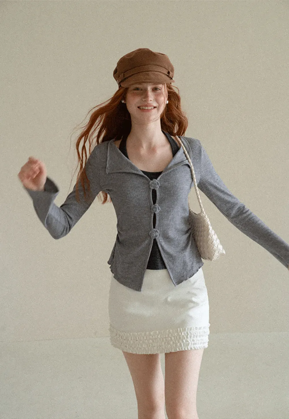 Asymmetrical Hem Knit Cardigan with Floral Buttons