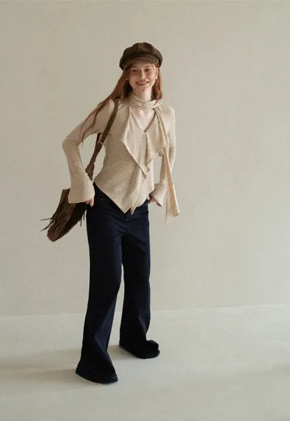 Asymmetrical Wrap Front Ribbed Knit Top