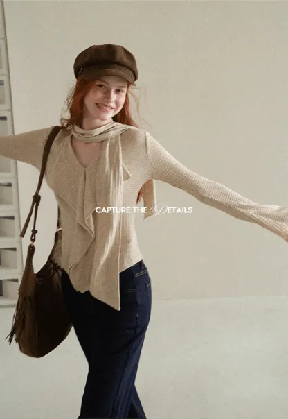 Asymmetrical Wrap Front Ribbed Knit Top