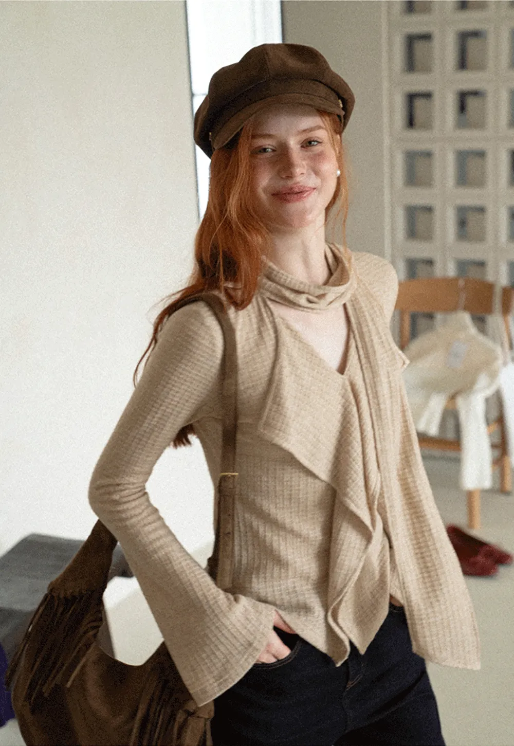 Asymmetrical Wrap Front Ribbed Knit Top