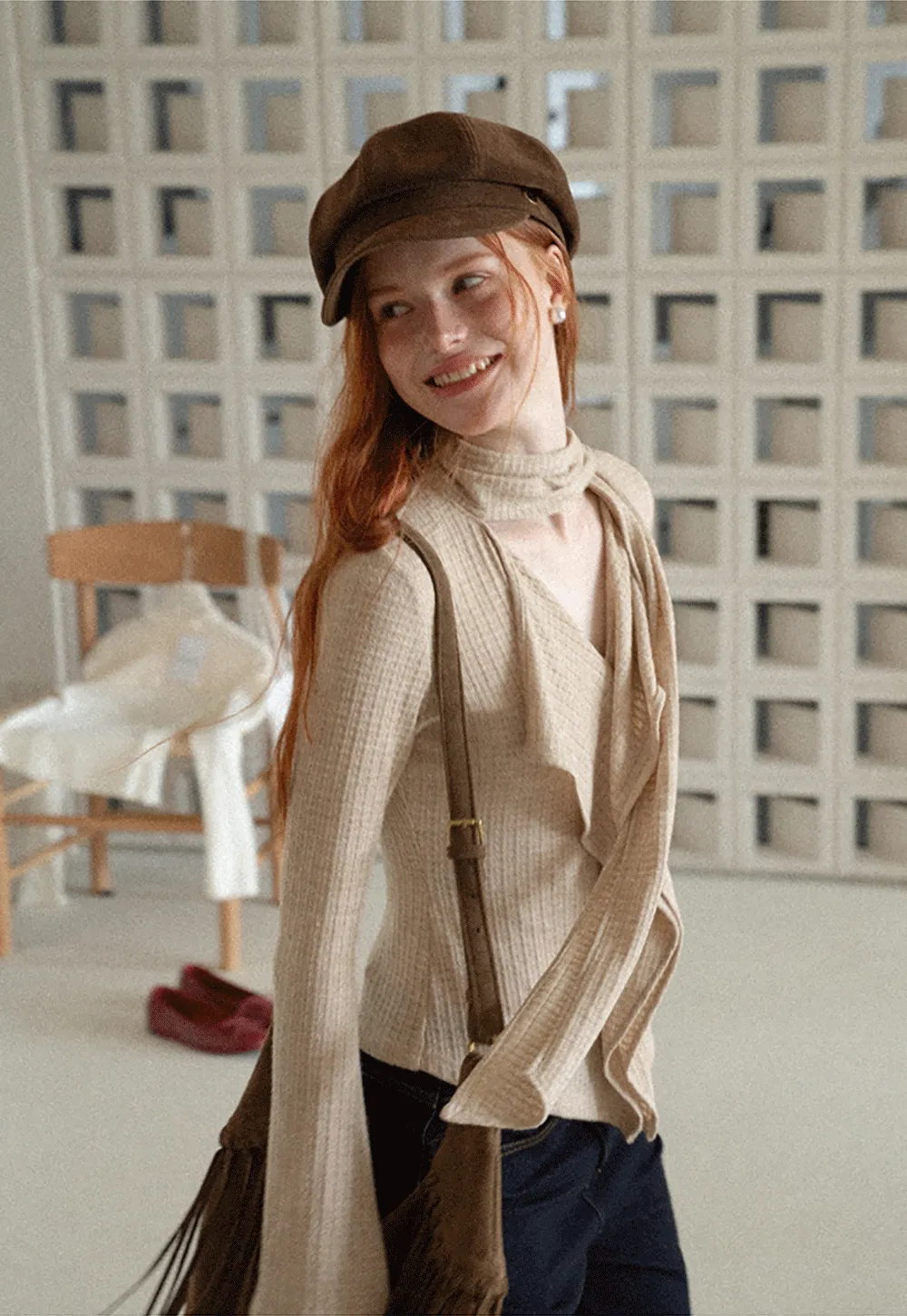 Asymmetrical Wrap Front Ribbed Knit Top