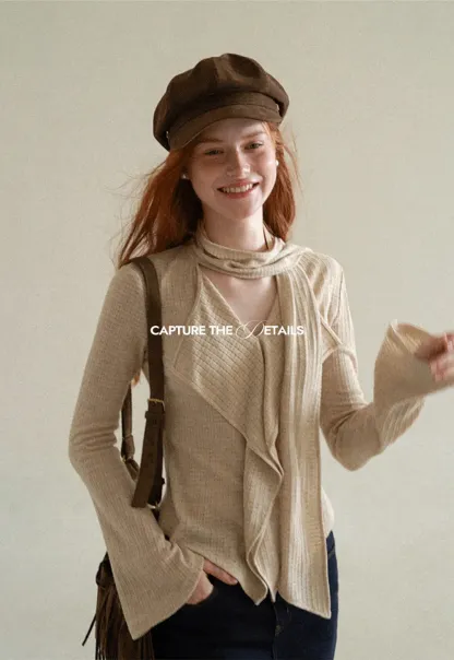 Asymmetrical Wrap Front Ribbed Knit Top
