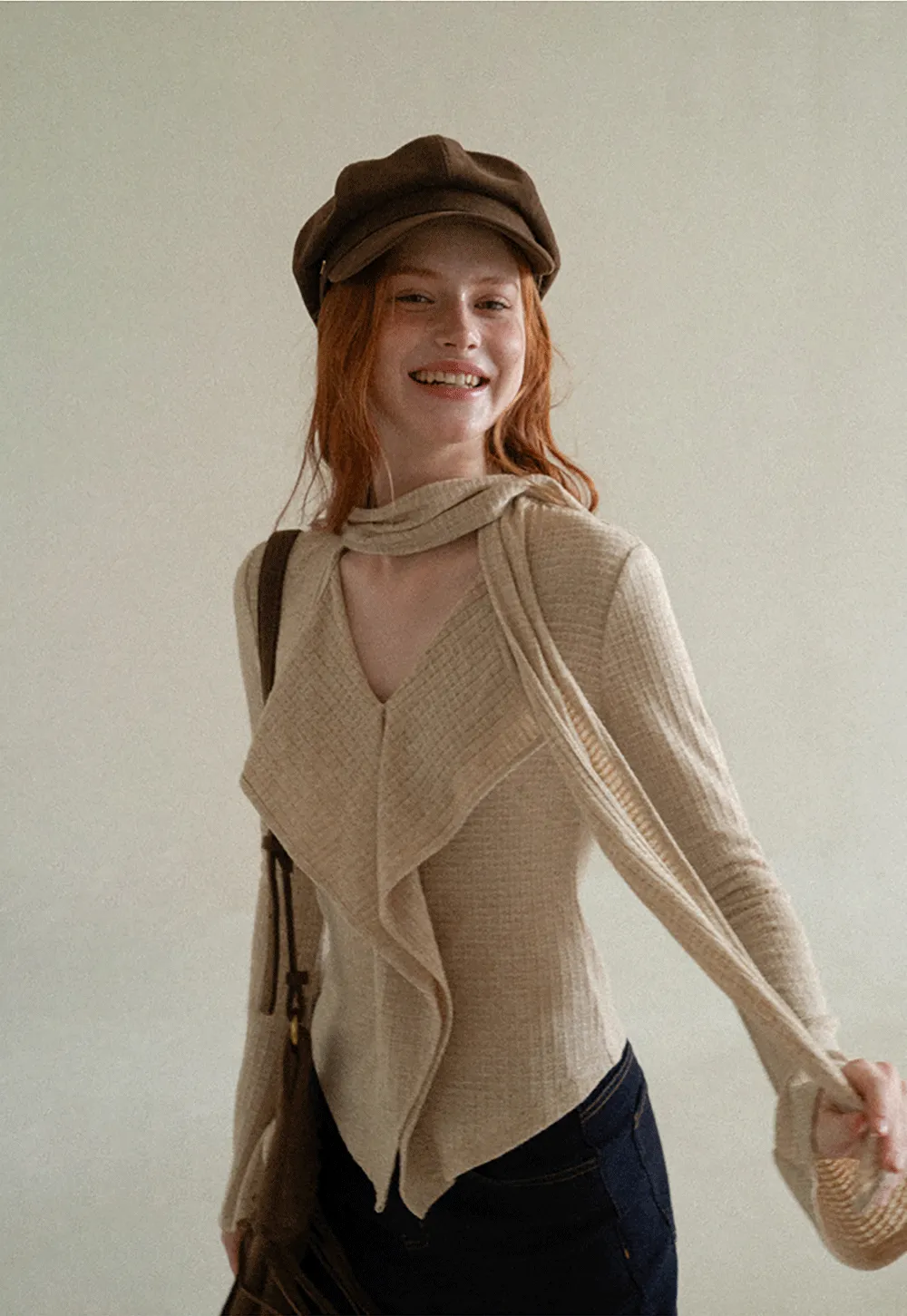 Asymmetrical Wrap Front Ribbed Knit Top