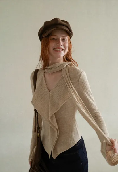 Asymmetrical Wrap Front Ribbed Knit Top