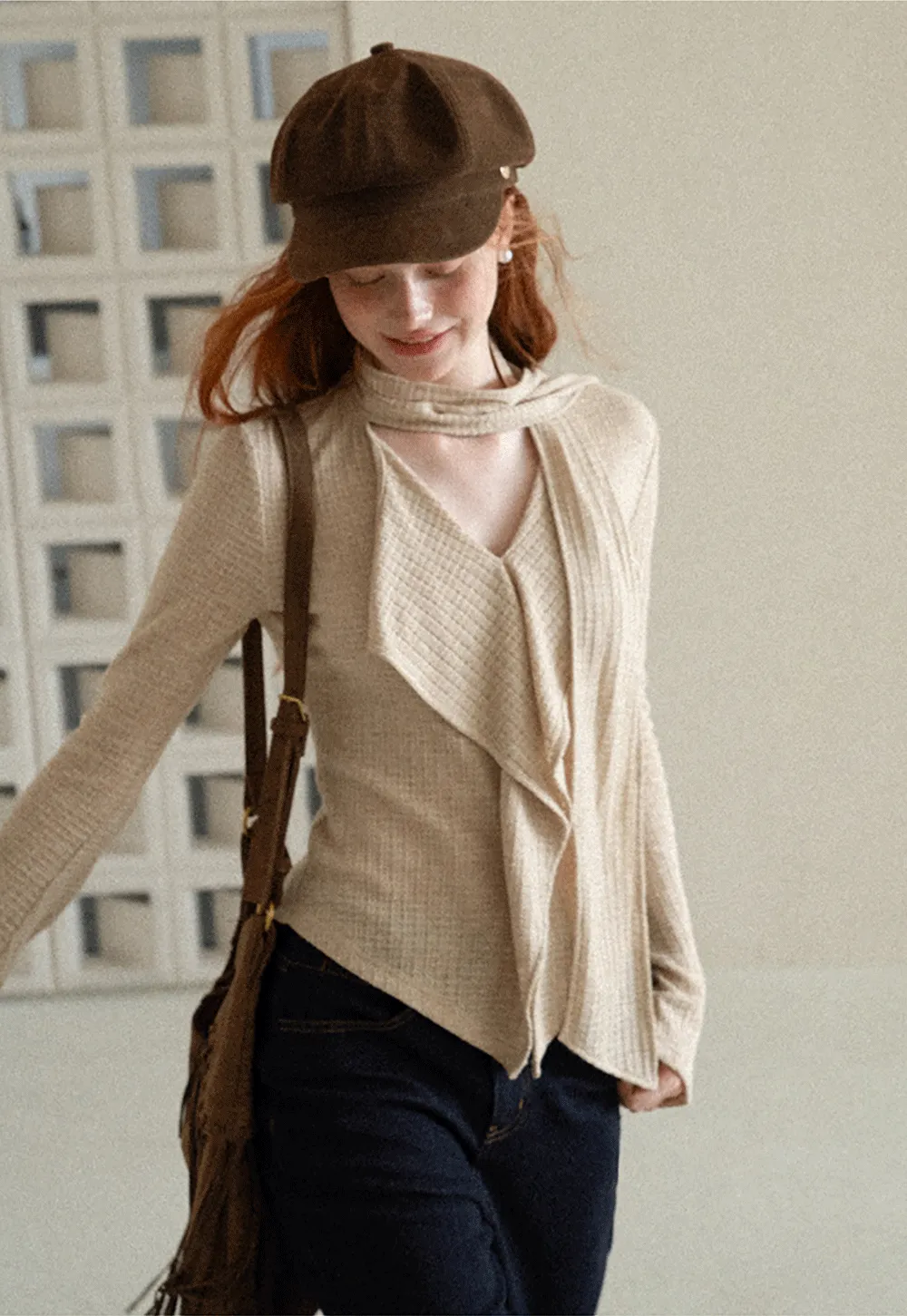 Asymmetrical Wrap Front Ribbed Knit Top