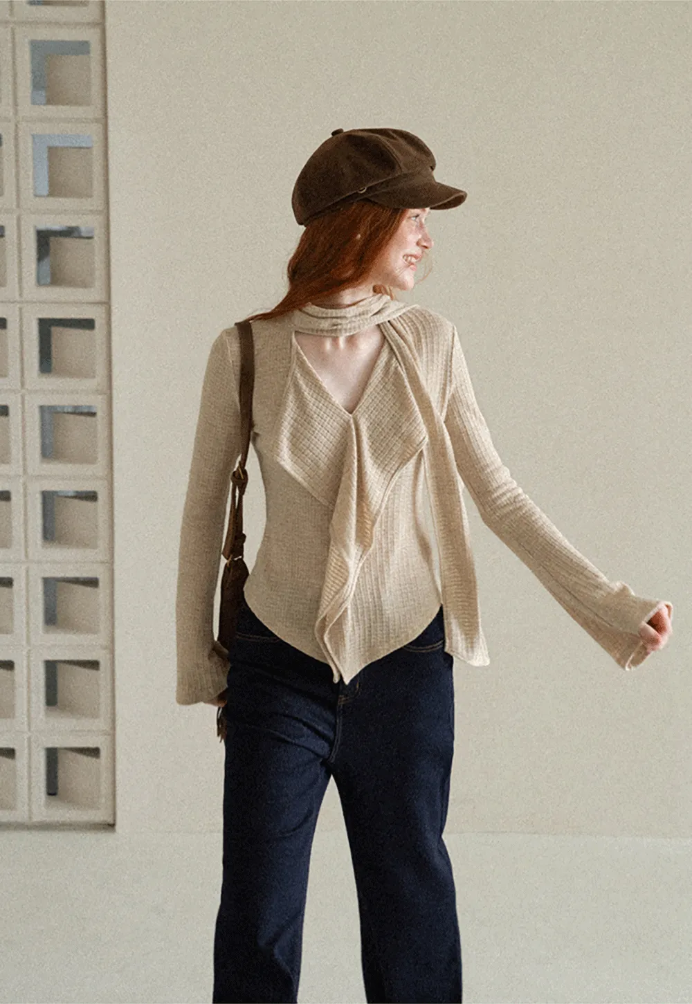 Asymmetrical Wrap Front Ribbed Knit Top