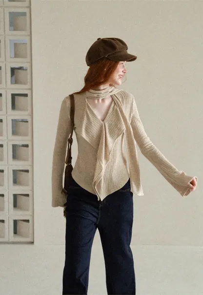Asymmetrical Wrap Front Ribbed Knit Top