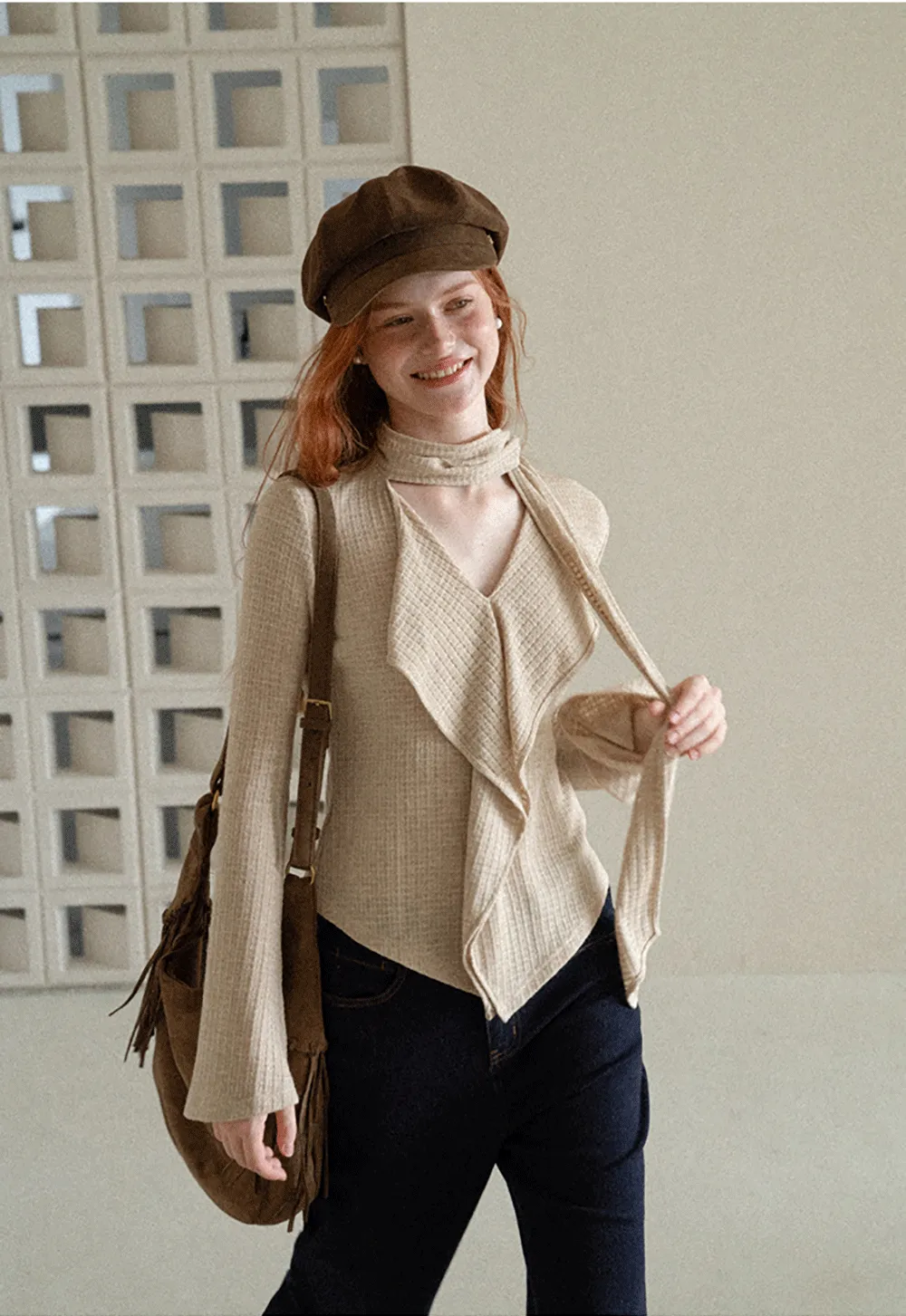 Asymmetrical Wrap Front Ribbed Knit Top