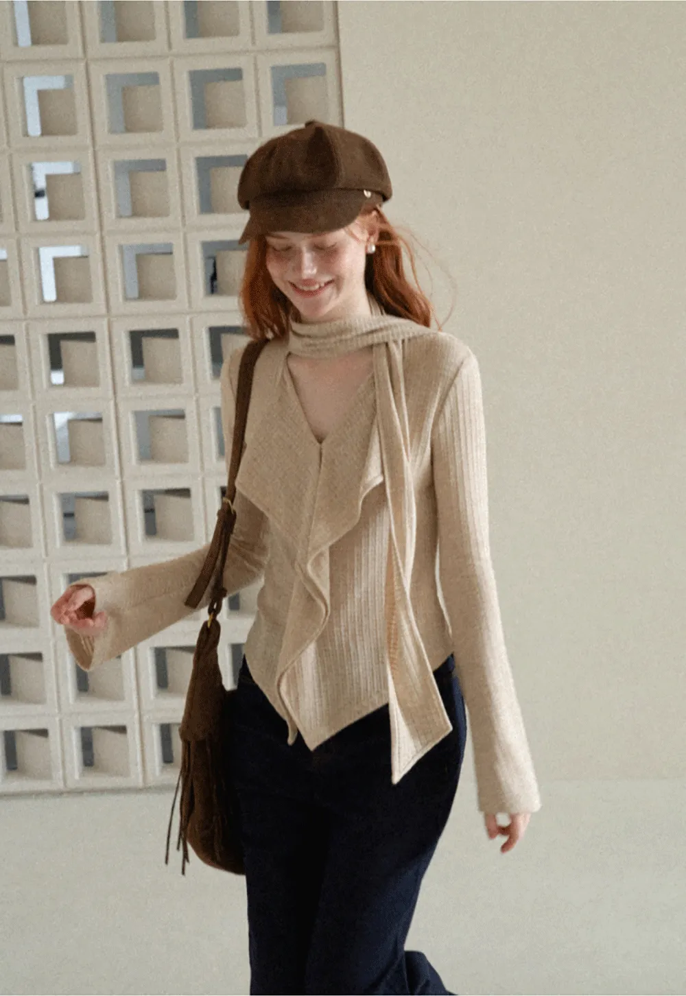 Asymmetrical Wrap Front Ribbed Knit Top