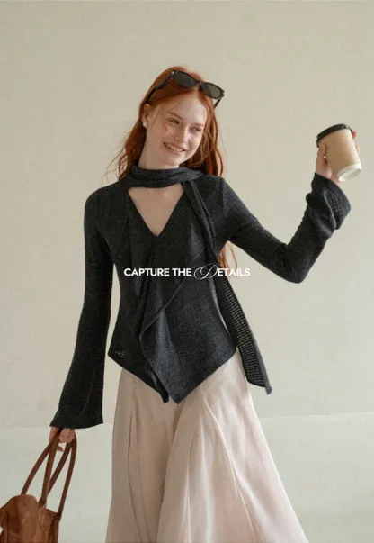 Asymmetrical Wrap Front Ribbed Knit Top