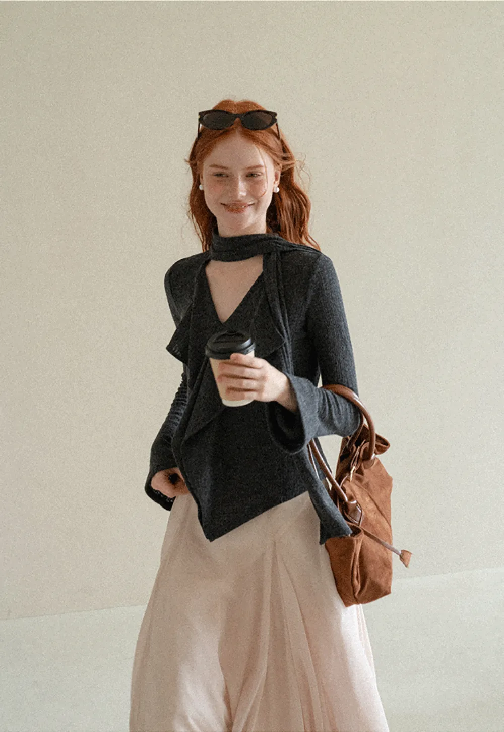 Asymmetrical Wrap Front Ribbed Knit Top
