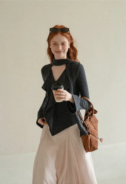 Asymmetrical Wrap Front Ribbed Knit Top