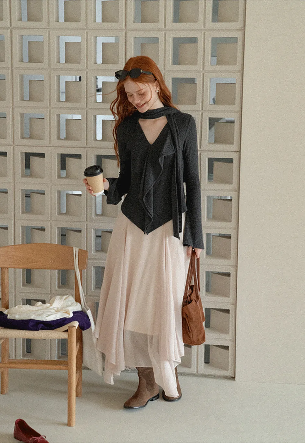 Asymmetrical Wrap Front Ribbed Knit Top