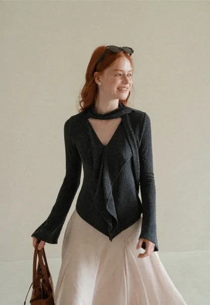 Asymmetrical Wrap Front Ribbed Knit Top