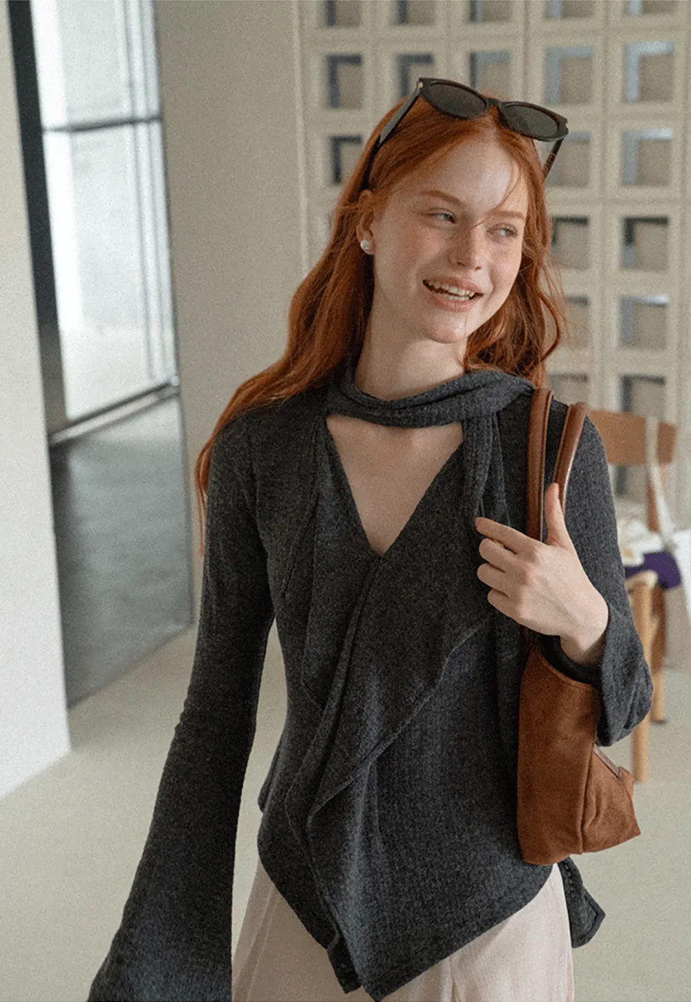 Asymmetrical Wrap Front Ribbed Knit Top