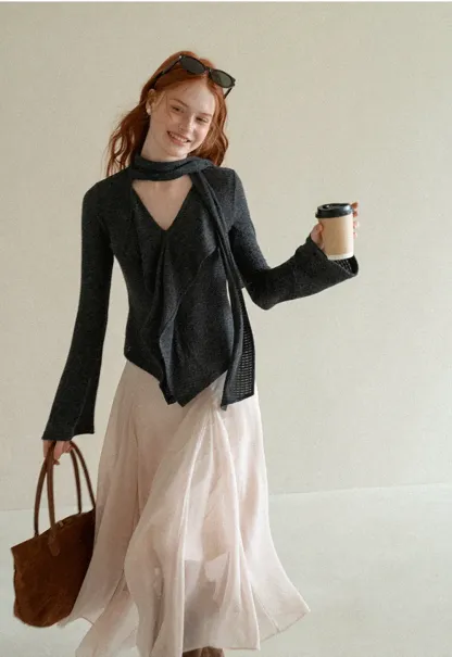 Asymmetrical Wrap Front Ribbed Knit Top