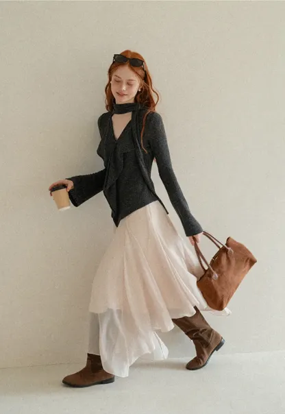 Asymmetrical Wrap Front Ribbed Knit Top